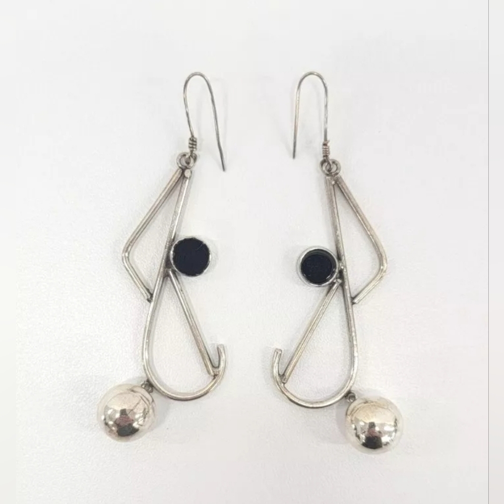 Vtg XL Sterling Onyx Modernist Kinetic Sculptural Dangle Earrings 3.75" Long!